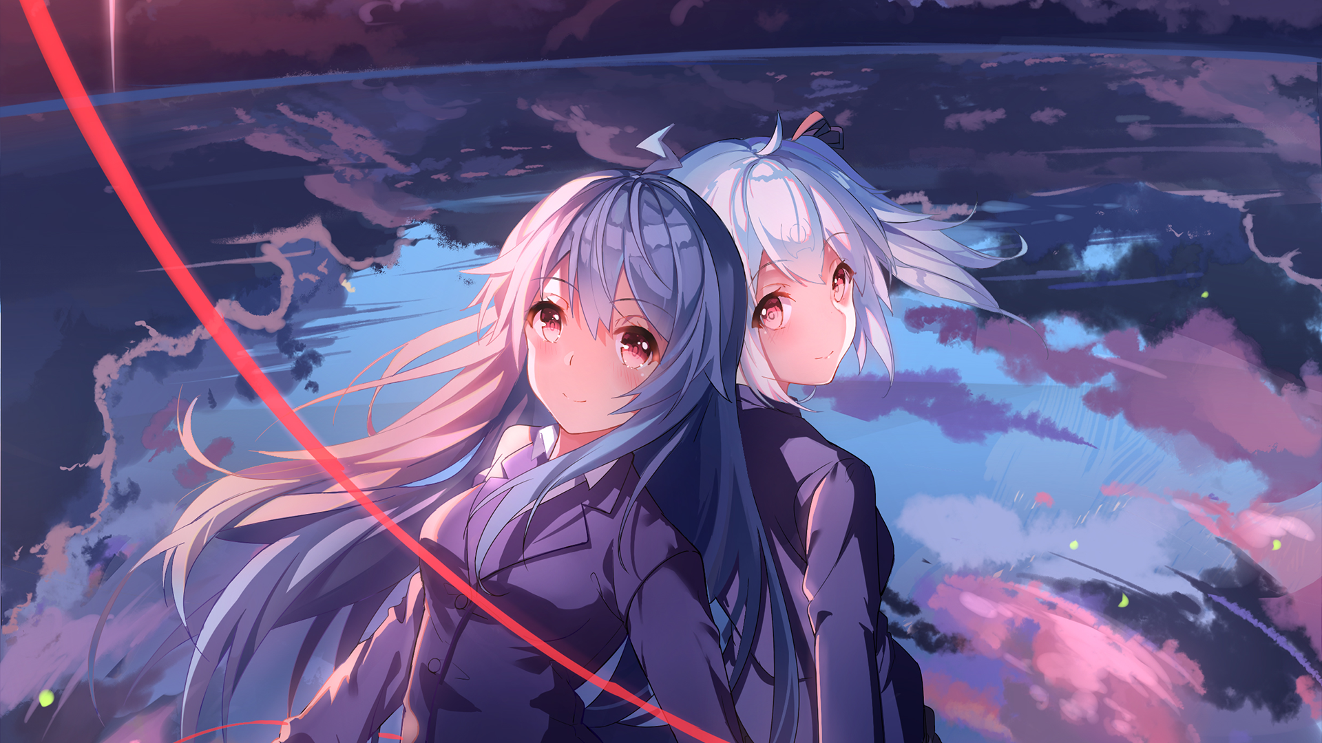 Anime-style artwork of two characters with long grey and white hair, wearing school uniforms with red eyes, against a vibrant, water-themed backdrop. Used as HD desktop wallpaper and background.
