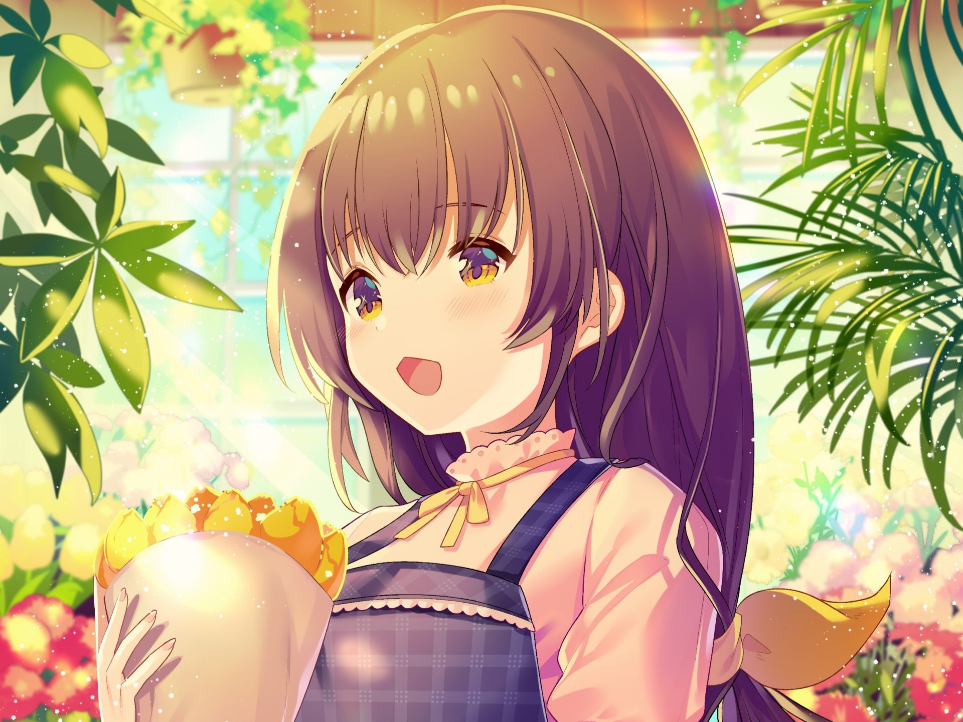 HD anime-style original artwork of a smiling girl with brown hair holding a baguette, surrounded by lush green plants, designed as a vibrant PC desktop wallpaper.