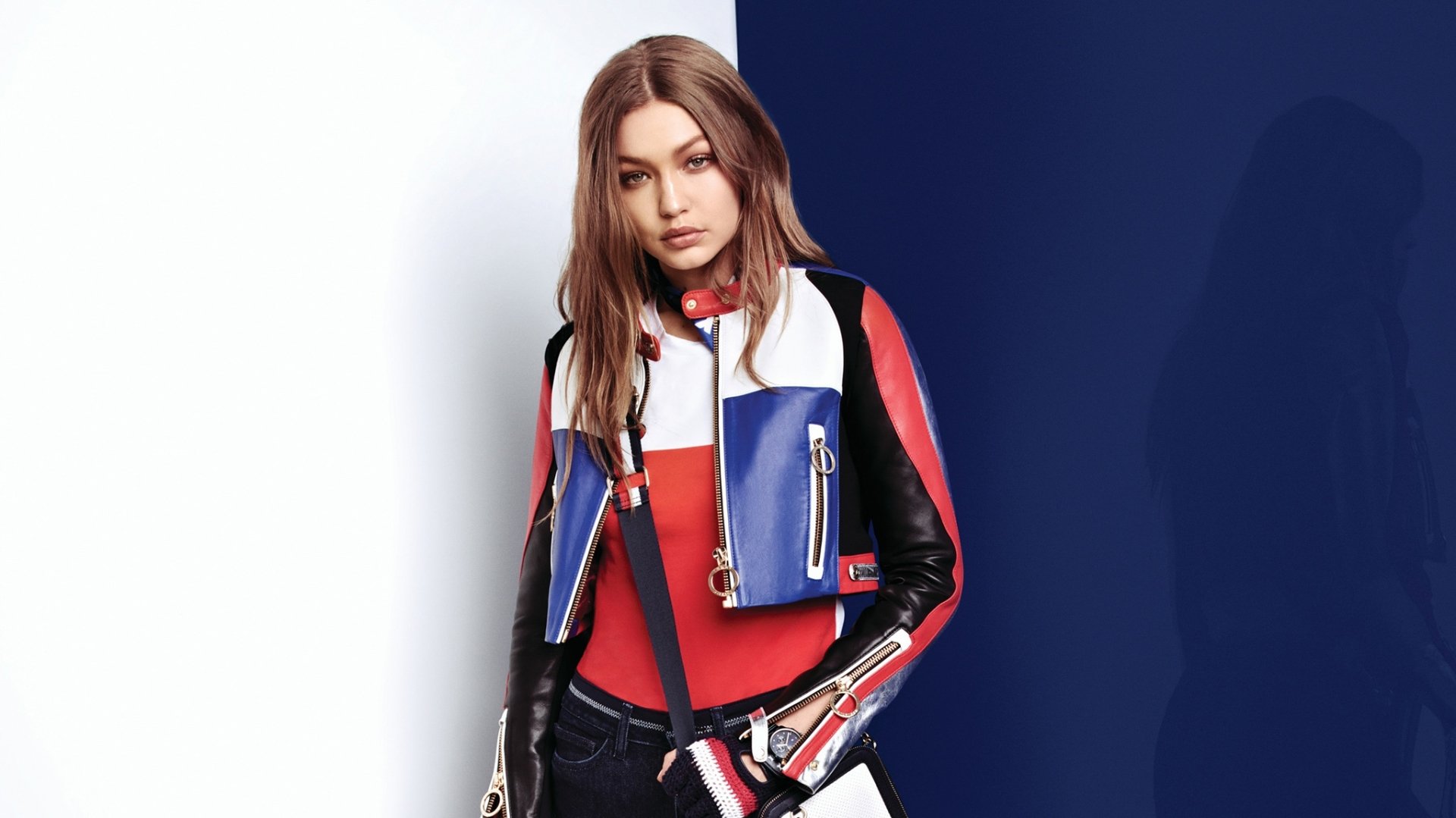 Download Leather Jacket Brunette American Model Celebrity Gigi Hadid HD Wallpaper