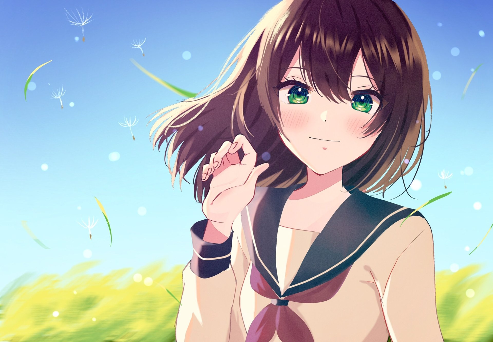 HD anime-style original artwork of a girl with green eyes and brown hair in a school uniform, set against a bright blue sky with floating dandelion seeds.