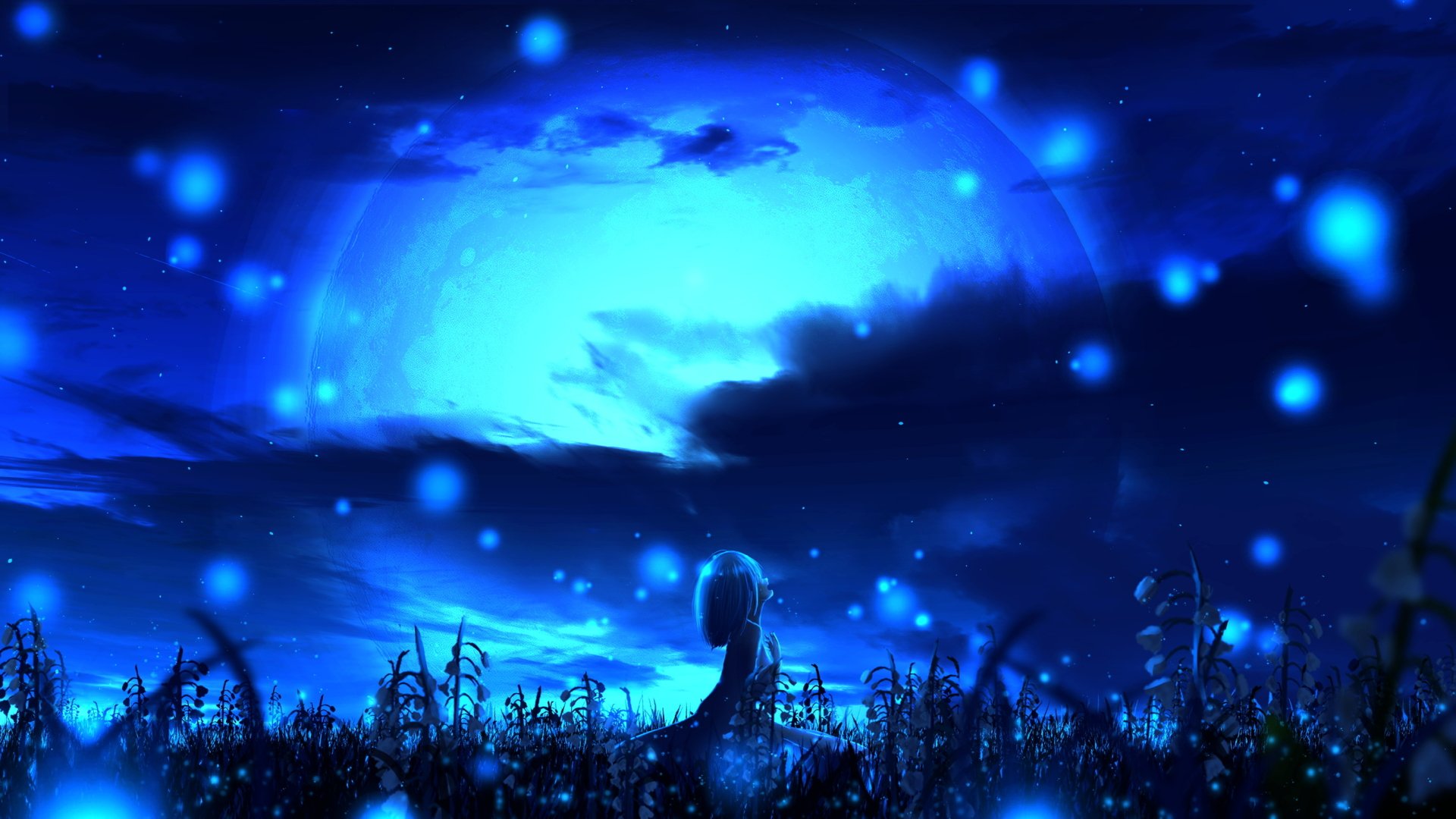 Anime-style night scene with a glowing blue sky, silhouetted figure, and floating light orbs, presented as an HD PC desktop wallpaper and background.