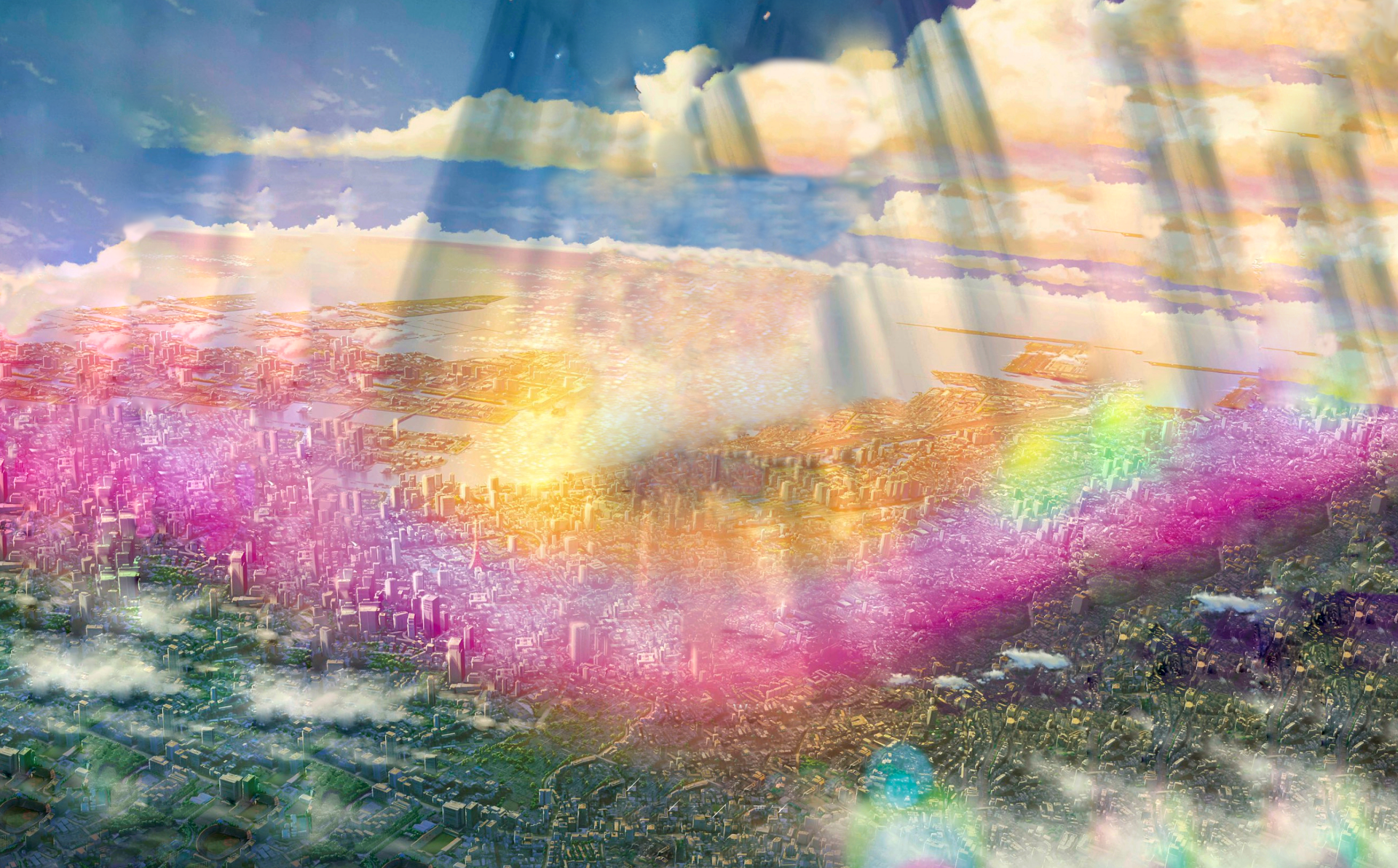 HD anime desktop wallpaper from Weathering with You (Tenki no ko) featuring vibrant skies and radiant sunlight breaking through clouds over a colorful cityscape.