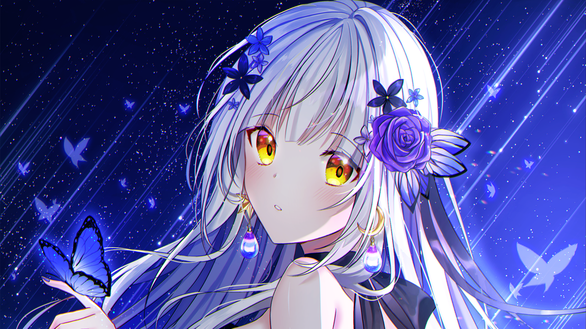 Anime-style HD wallpaper of a white-haired girl with yellow eyes, adorned with roses and butterflies, set against a starry, glowing blue background.