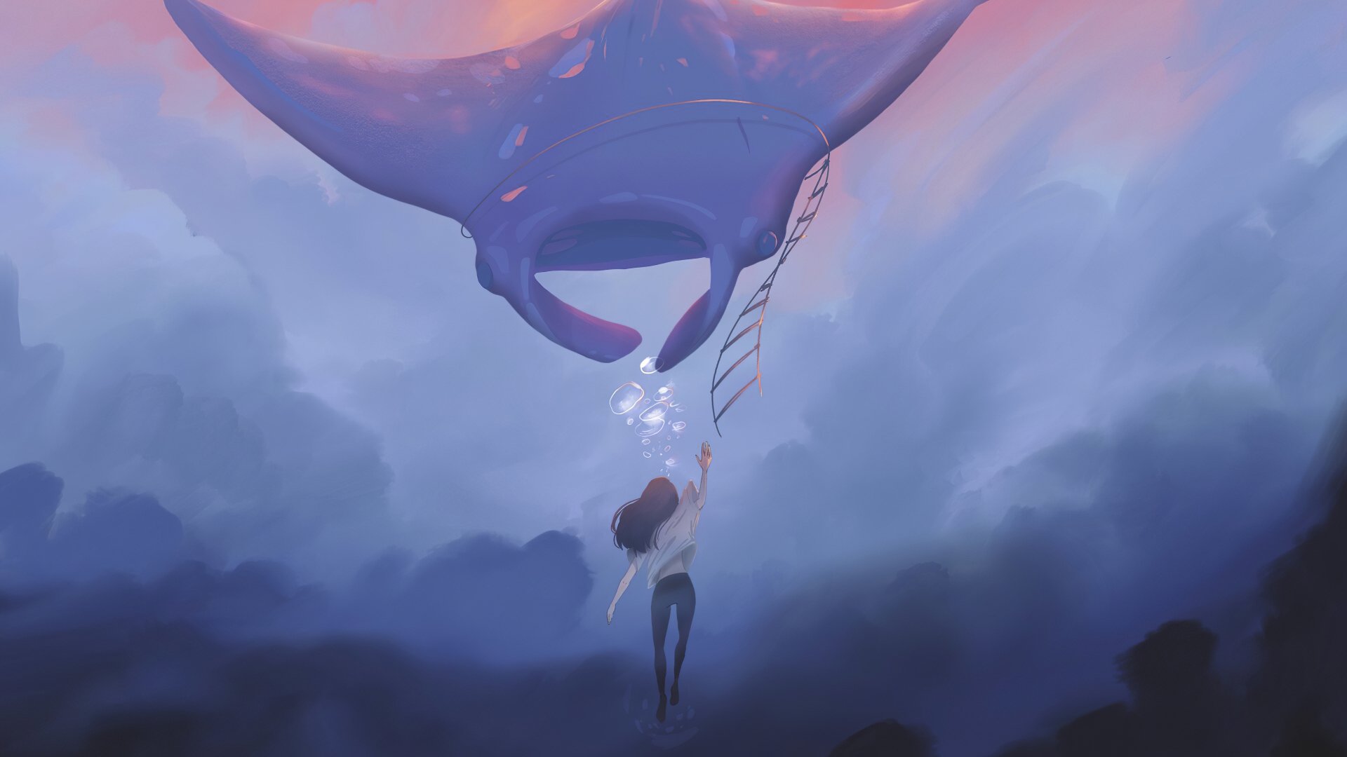 Download Manta Ray Underwater Fantasy Woman 4k Ultra HD Wallpaper