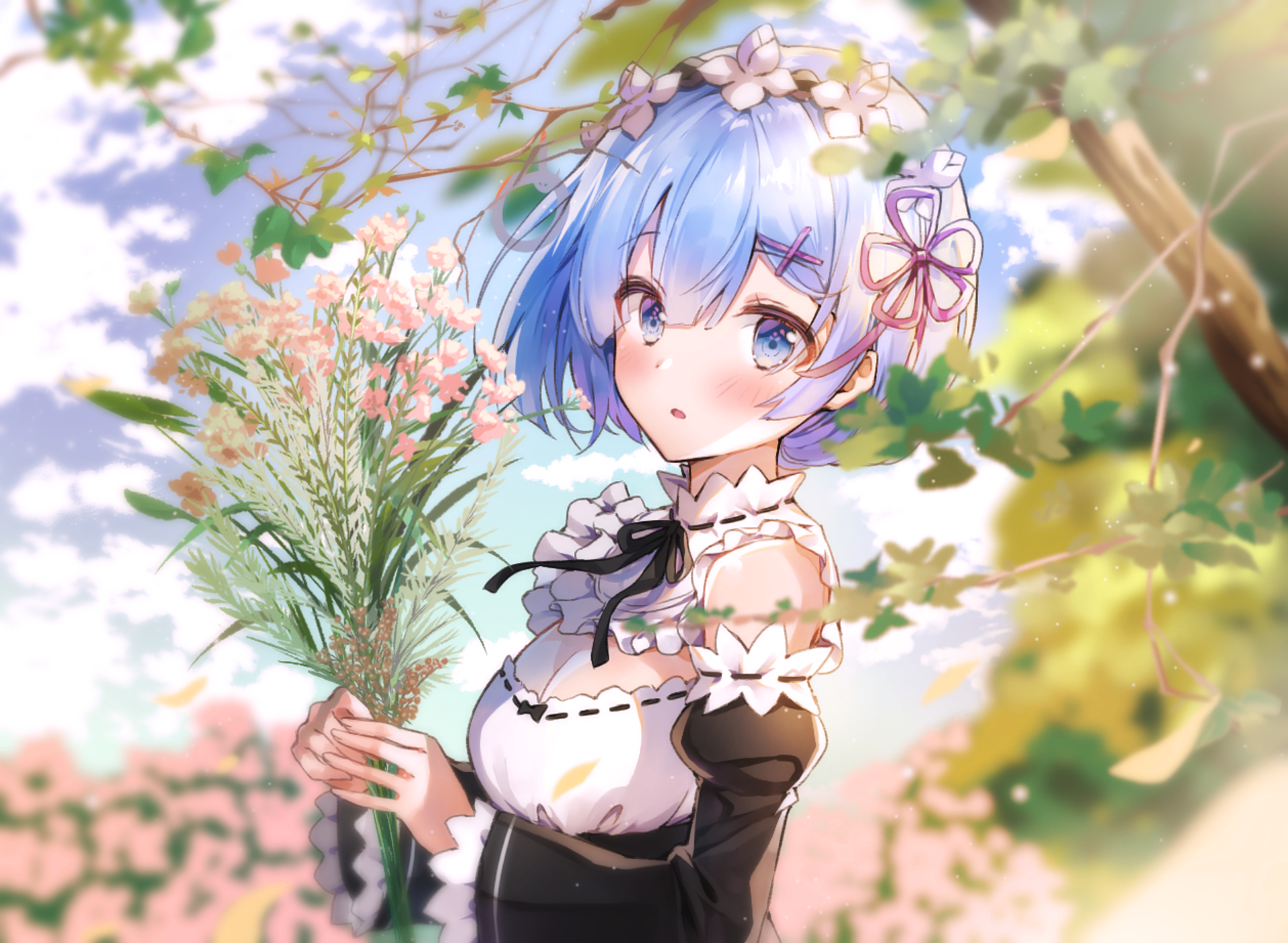 HD PC desktop wallpaper featuring Rem from the anime Re:Zero - Starting Life in Another World, holding a bouquet of flowers with a soft, vibrant background.
