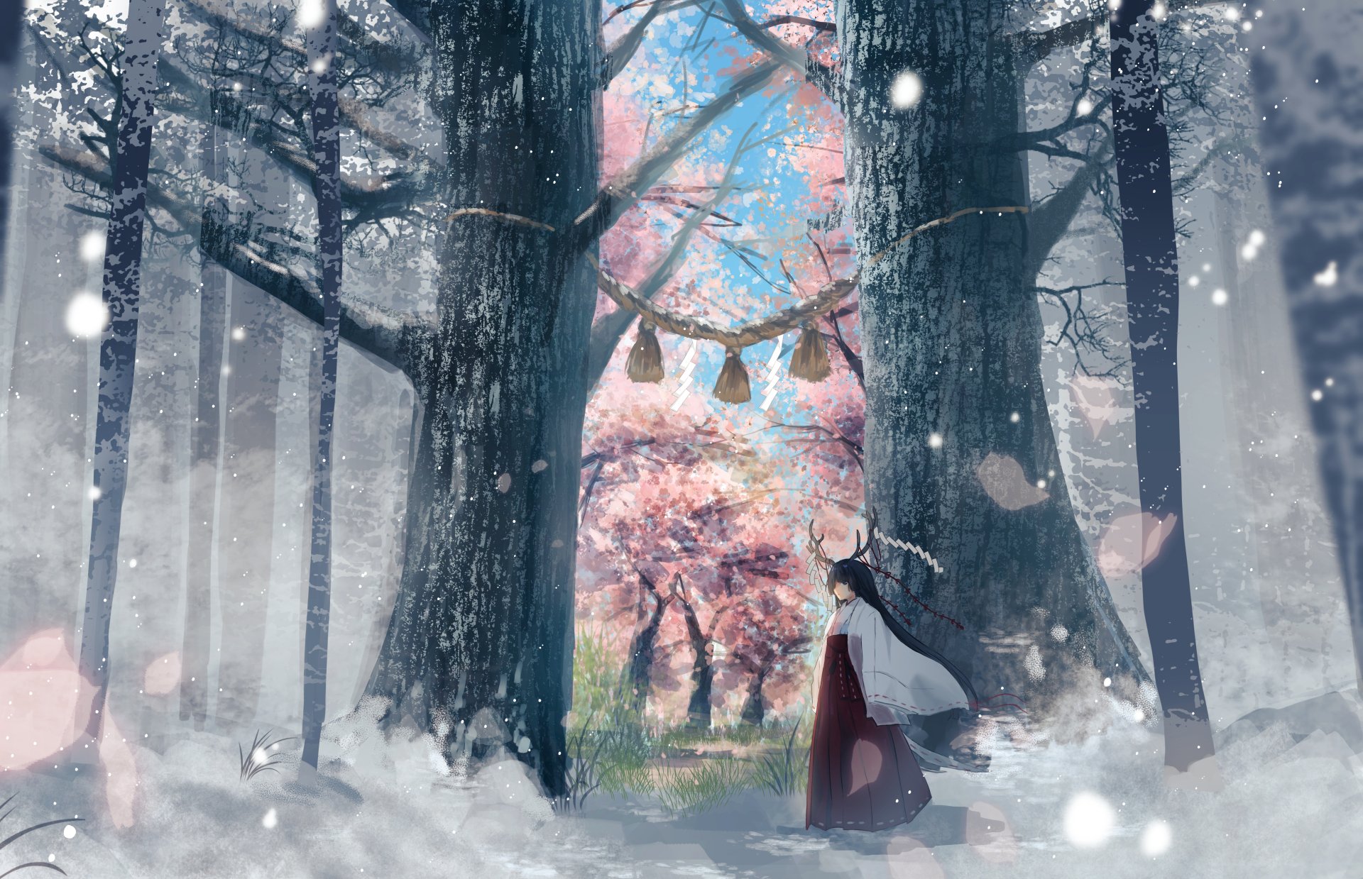 Anime-style 4K Ultra HD wallpaper featuring a black-haired character with long hair standing between tall trees in a snowy forest, with cherry blossoms visible beyond.