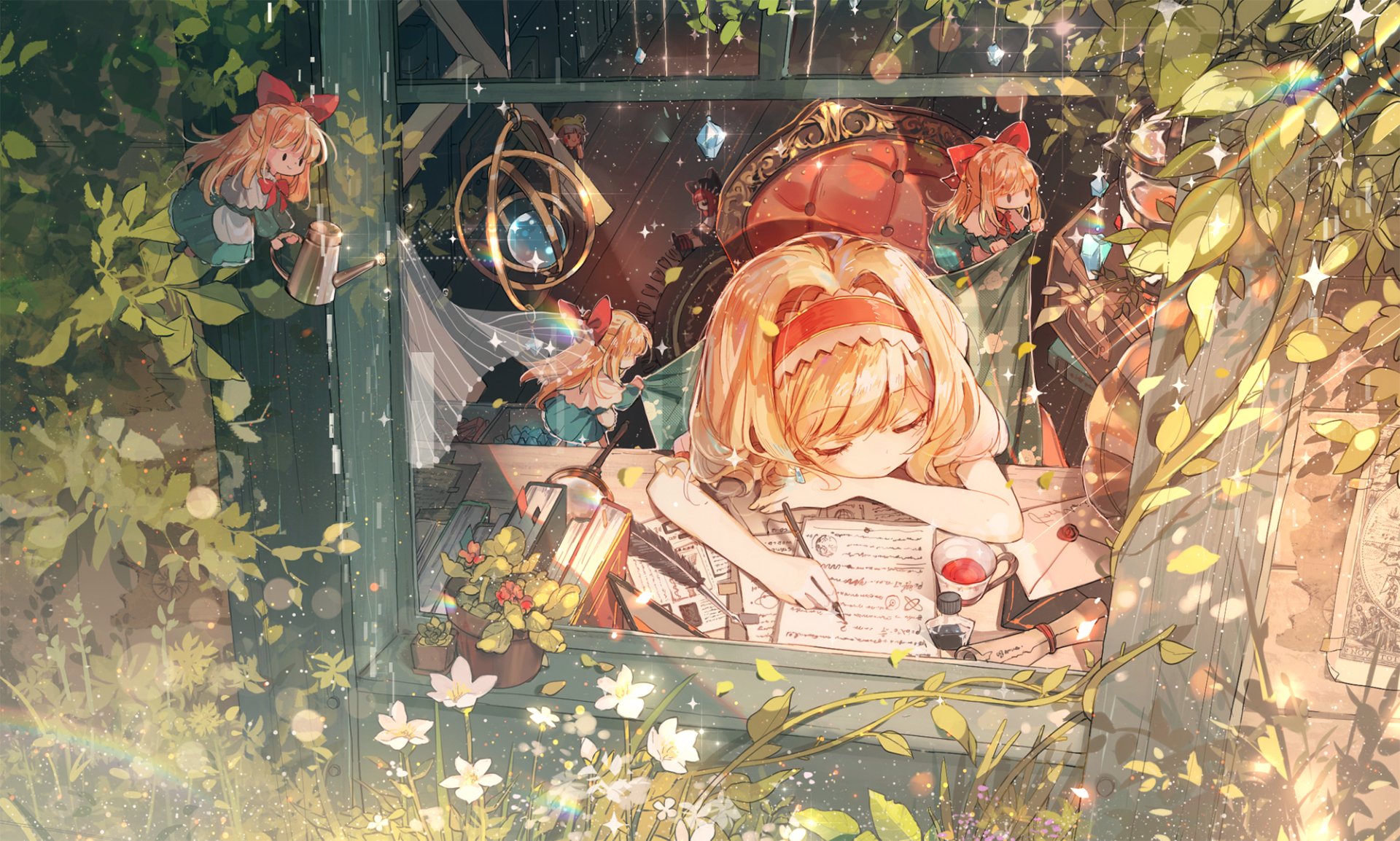 HD anime desktop wallpaper featuring Alice Margatroid from Touhou surrounded by glowing flowers and small magical dolls in a vibrant, nature-filled setting.