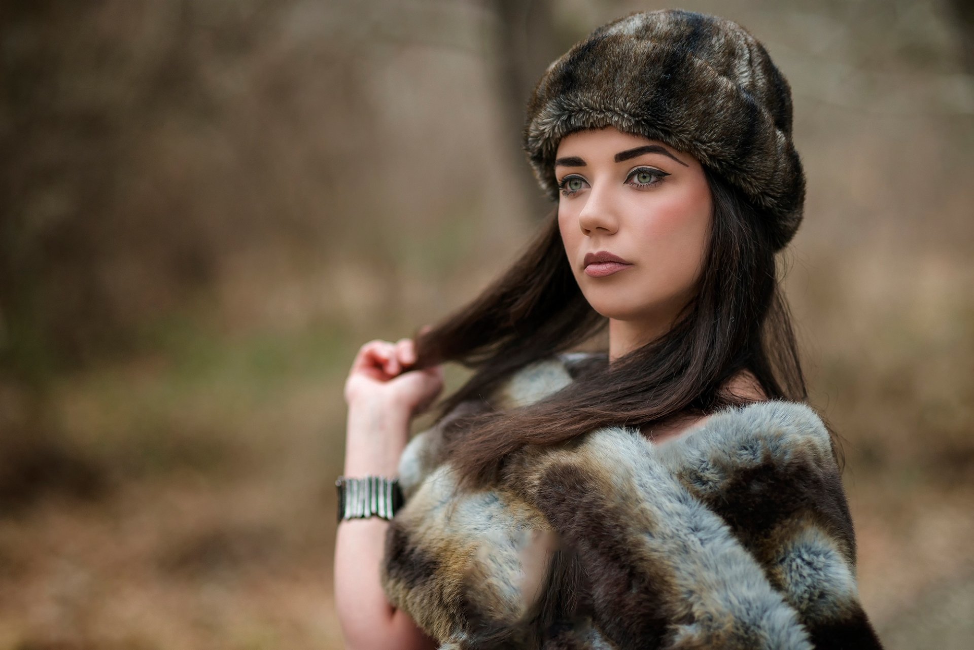 Download Fur Brunette Green Eyes Hat Depth Of Field Woman Model HD Wallpaper by Ivan Georgiev