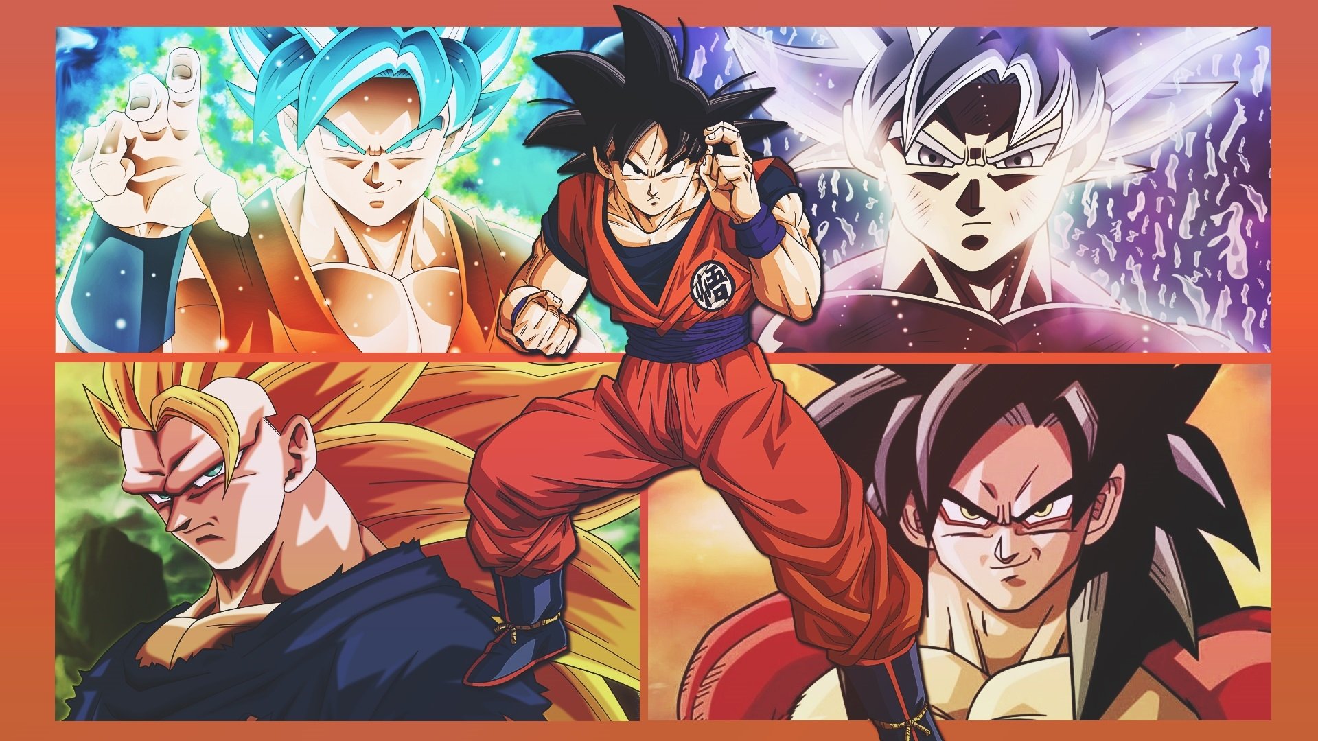 HD PC desktop wallpaper featuring Goku in various forms from the anime Dragon Ball Super, showcasing his powerful and iconic transformations.