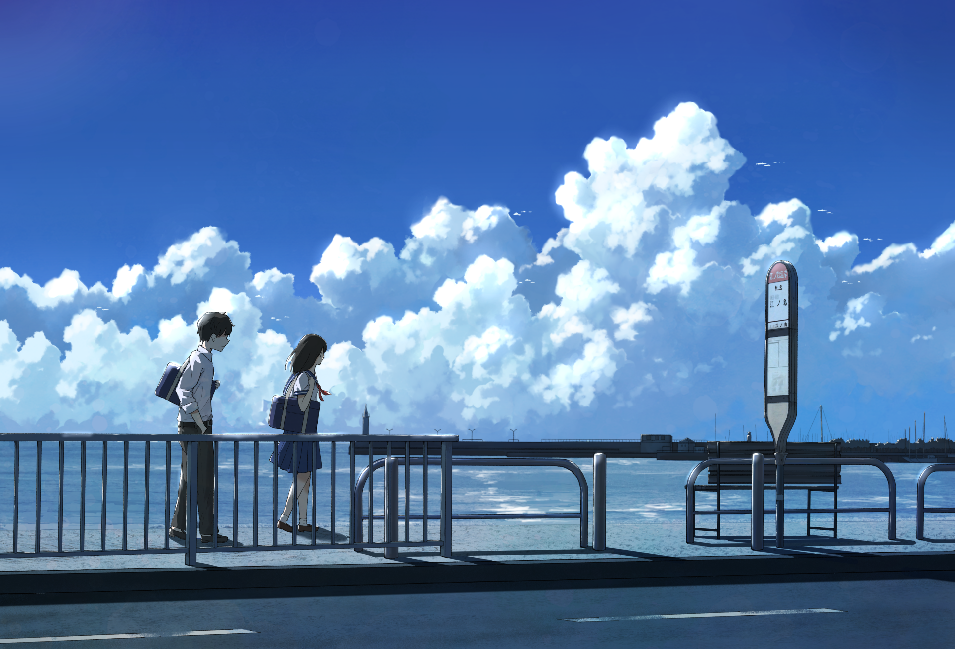 Anime-style HD desktop wallpaper depicting two characters standing by a waterfront under a vibrant blue sky filled with large, fluffy clouds.