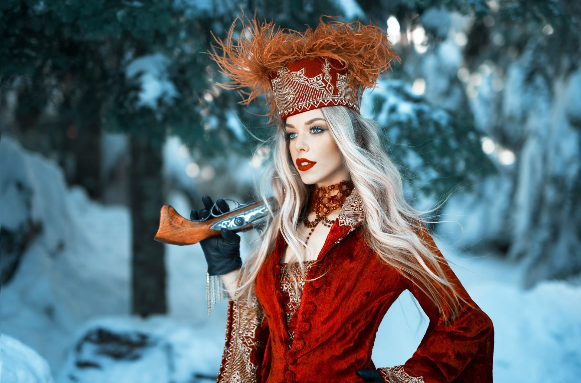 Download Lipstick Hat Blue Eyes Blonde Long Hair Depth Of Field Woman Model HD Wallpaper by Kyle Cong