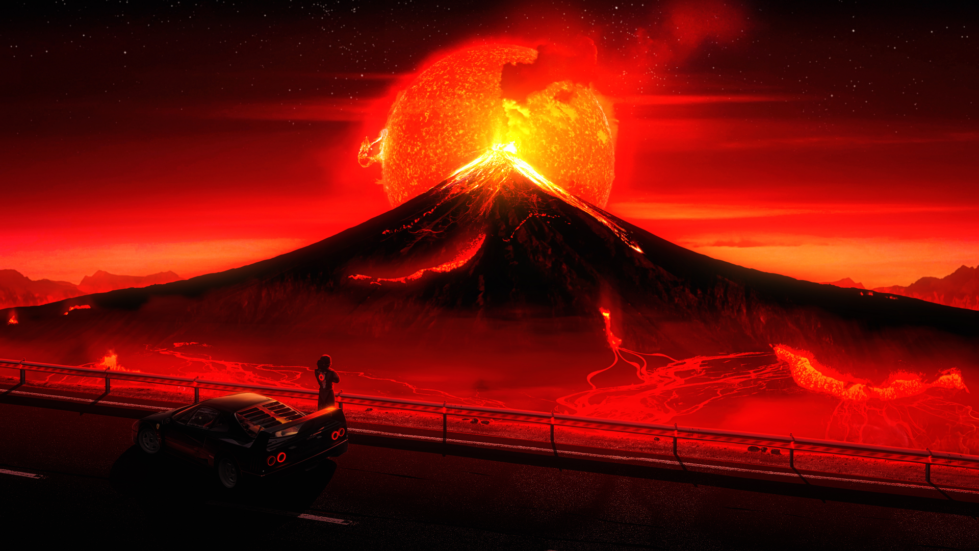 4K Ultra HD sci-fi landscape featuring a fiery erupting volcano under a glowing red sky, with a lone figure and car observing from a nearby road.