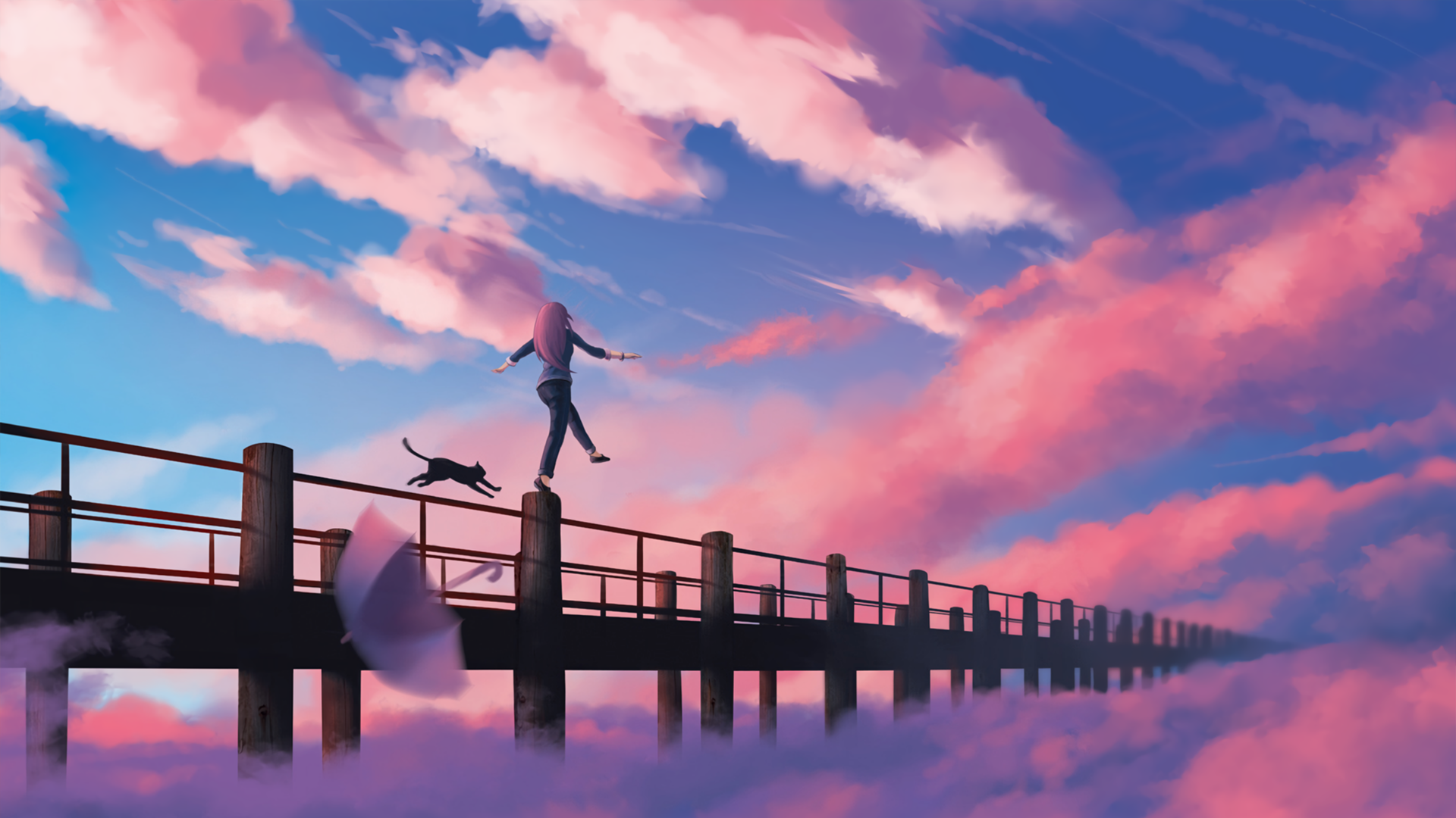 Anime-style illustration of a person with long pink hair balancing on a pier above clouds, with a cat and umbrella nearby. The vibrant sky transitions from blue to pink, creating a dreamy background. HD desktop wallpaper.
