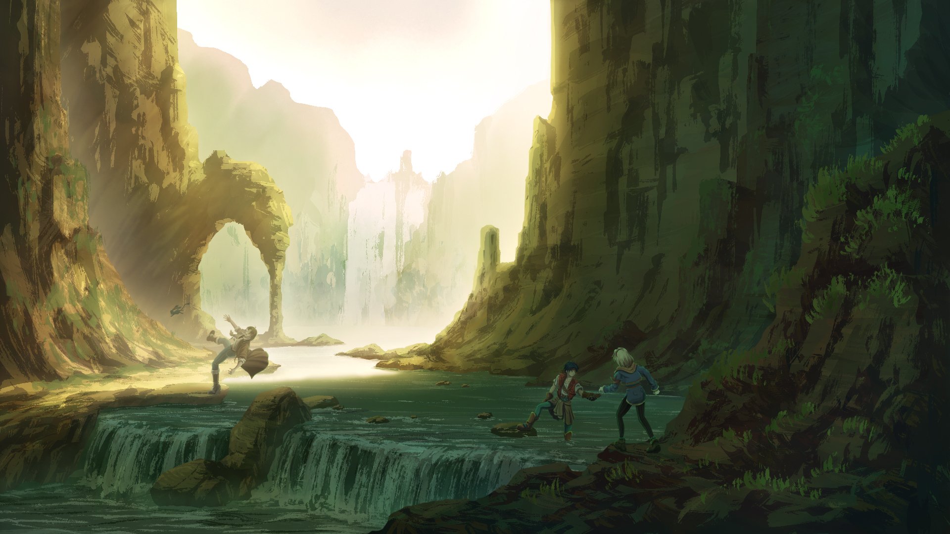HD anime original desktop wallpaper featuring a serene river flowing through towering cliffs with soft sunlight illuminating the misty landscape.