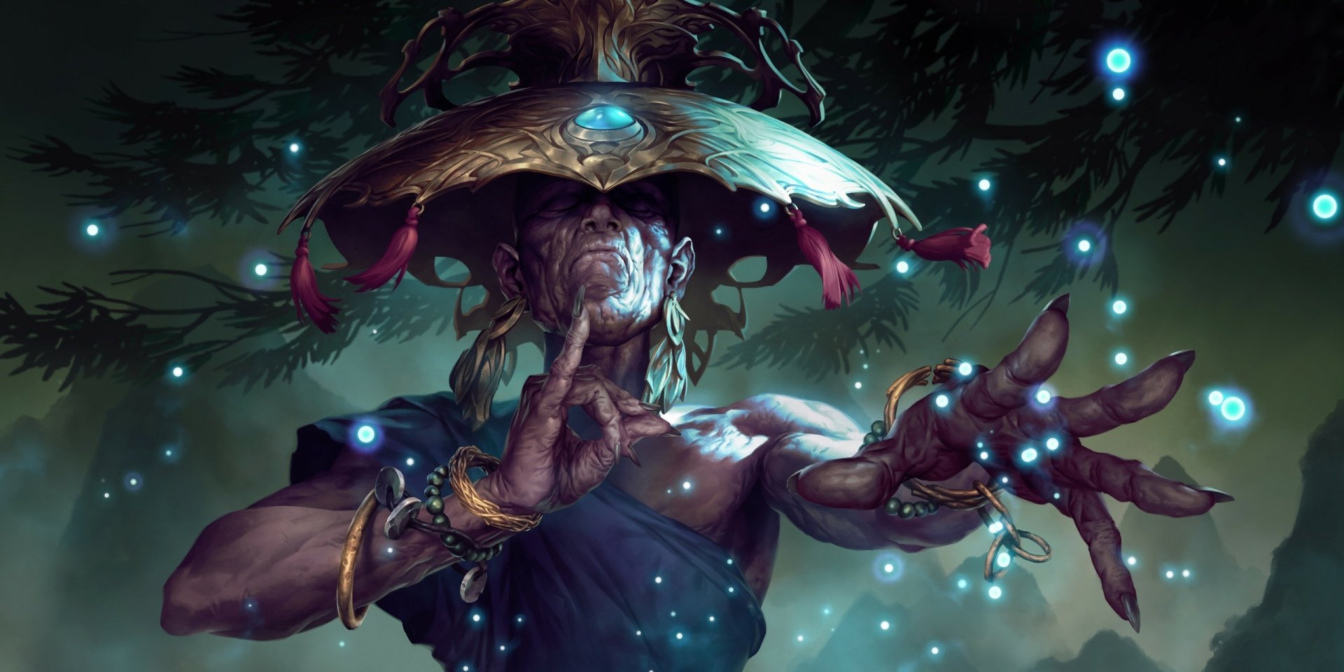 HD PC desktop wallpaper featuring a mystical character from the video game Legends of Runeterra surrounded by glowing blue orbs in a dark, enchanted forest setting.