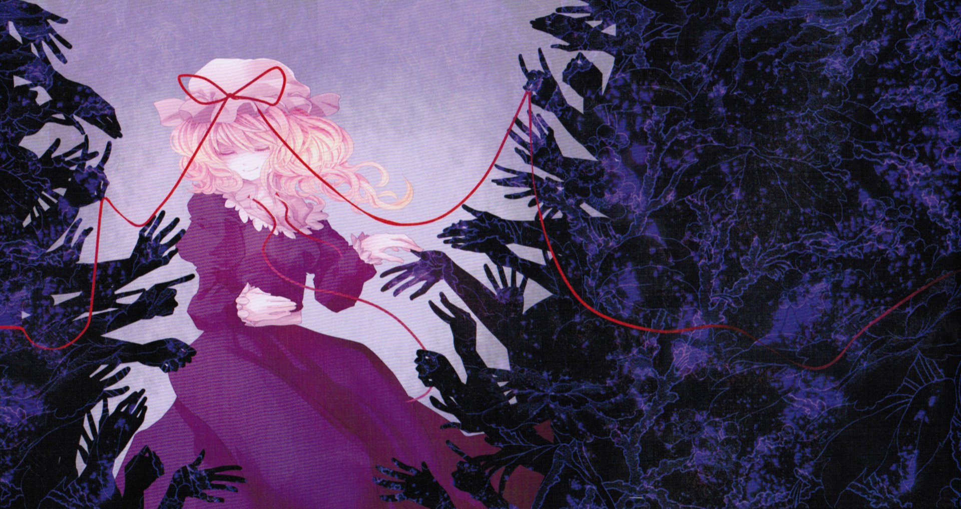 HD PC desktop wallpaper featuring Maribel Hearn from the Touhou anime, with a red thread connecting her to shadowy hands amidst a dark, eerie background.