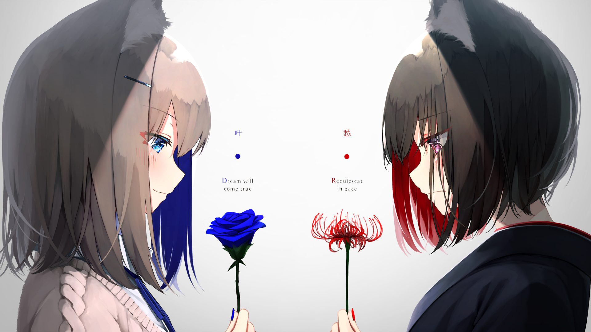 Anime-style wallpaper featuring two characters with animal ears and contrasting eye colors: one with blue eyes and black hair holding a blue rose, the other with red eyes and black hair with a red flower.