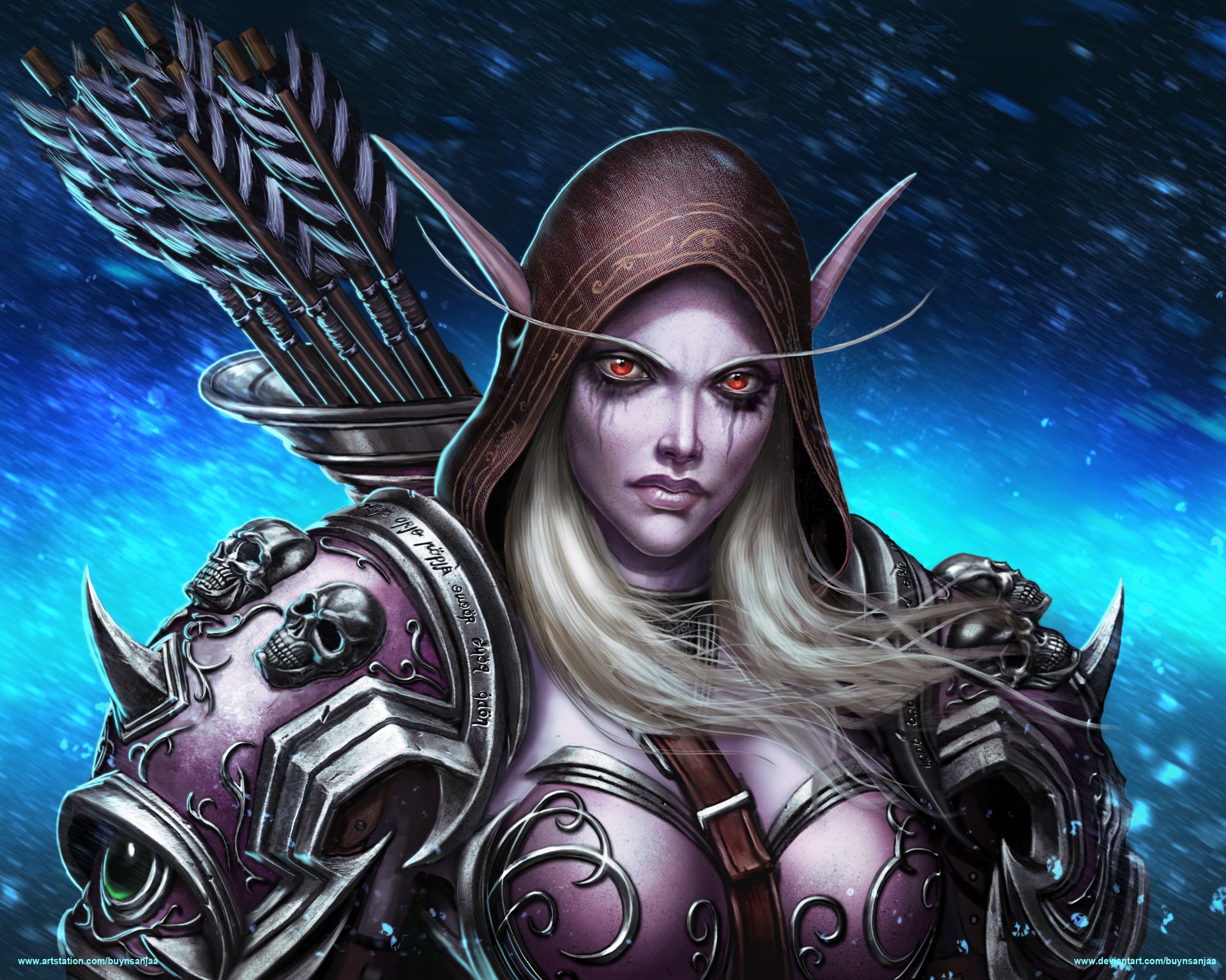 4K Ultra HD wallpaper of Sylvanas Windrunner, blood elf hunter from World of Warcraft: Shadowlands, featuring detailed armor and a mystical blue background.