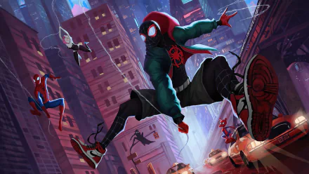 4K Ultra HD Spider-Man: Into The Spider-Verse wallpaper featuring Spider-Ham, Spider-Man Noir, Gwen Stacy, and Miles Morales in dynamic cityscape action.