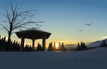 HD anime-style desktop wallpaper featuring a snowy landscape at sunset with a pavilion, bare tree, pine forest, and birds flying under a clear sky.