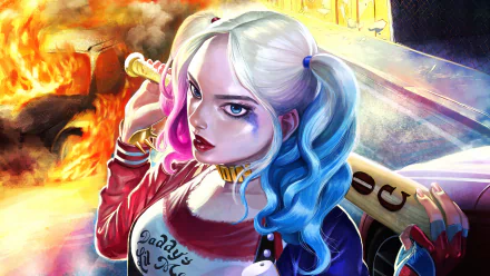 A 4K Ultra HD comic-style wallpaper of Harley Quinn from DC Comics with twintails, blue eyes, and bold lipstick, holding a baseball bat amidst fiery chaos.