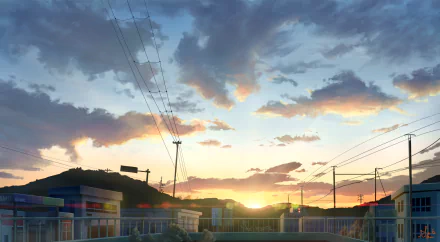 HD anime desktop wallpaper depicting an original anime sunset with a vibrant sky, silhouetted buildings, and power lines stretching across the scene.