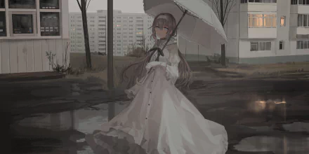 puddle white dress umbrella Anime Original HD Desktop Wallpaper | Background Image