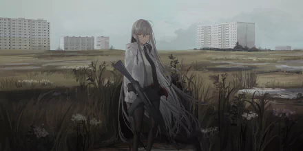 Anime-style character with white hair and grey eyes holding a gun. The scene is set in an open field with tall grasses, with several buildings in the background. HD desktop wallpaper.