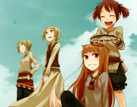 Anime-style HD desktop wallpaper featuring characters Eve Boland and Nora Arendt alongside Holo from Spice & Wolf against a bright sky background.