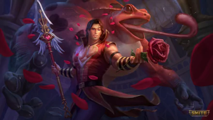 Cu Chulainn from the video game Smite stands with a spear and a red rose, surrounded by floating petals and a large frog, in this 4K Ultra HD PC desktop wallpaper.