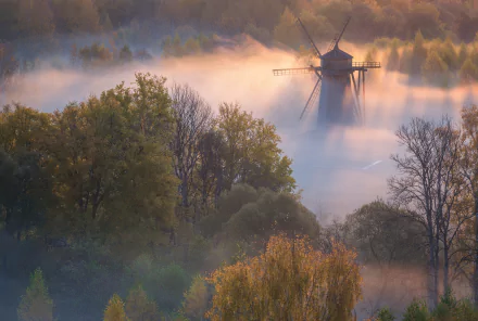 dawn fog man made windmill HD Desktop Wallpaper | Background Image