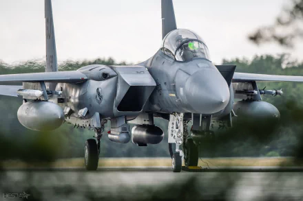 Close-up HD desktop wallpaper of a McDonnell Douglas F-15 Eagle jet fighter warplane on the runway, showcasing its military design and powerful aircraft features.