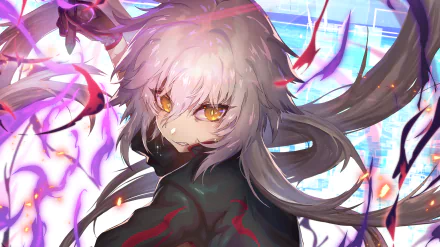 HD desktop wallpaper featuring Jeanne d'Arc Alter from Fate/Grand Order with striking yellow eyes and flowing white hair, surrounded by dynamic special effects in an anime art style.