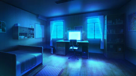 Anime-themed room at night with blue lighting, featuring a bed, desk with computer, chair, windows, and bookshelves. This HD desktop wallpaper provides a serene and atmospheric ambiance.