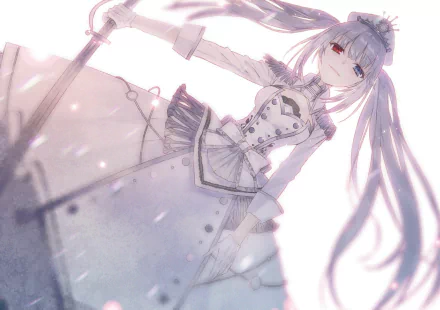 HD anime desktop wallpaper featuring White Queen from Date A Bullet with heterochromia, showcasing delicate details and soft lighting in a graceful pose.