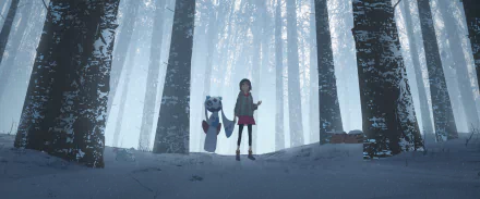 HD wallpaper featuring Gloria from Pokémon: Sword and Shield, surrounded by Snom, Vanillite, Swinub, and Froslass in a snowy forest.