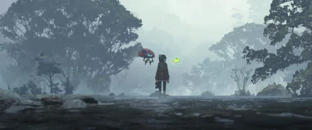 HD PC desktop wallpaper featuring Gloria from Pokémon standing in a misty forest with her Orbeetle by her side in an anime-style scene.