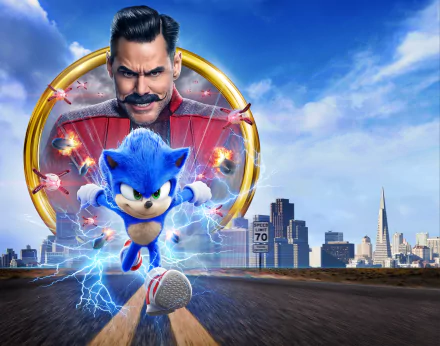 8K Ultra HD wallpaper featuring Jim Carrey as Doctor Robotnik and Sonic the Hedgehog racing on a city street under a bright blue sky.