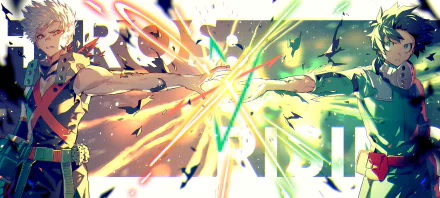 HD PC desktop wallpaper featuring Izuku Midoriya and Katsuki Bakugou from the anime My Hero Academia in an intense action pose with vibrant energy effects.