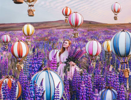 purple flower dress redhead lupine meadow mood balloon flower woman model HD Desktop Wallpaper | Background Image