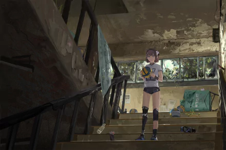 HD PC desktop wallpaper of an original anime character holding a ball, standing on a worn staircase inside a dimly lit, abandoned building.
