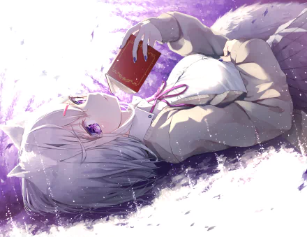 Anime girl with animal ears, white hair, and purple eyes lies on her back while holding a book. The image is a HD desktop wallpaper and background.