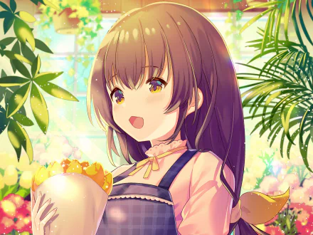 HD anime-style original artwork of a smiling girl with brown hair holding a baguette, surrounded by lush green plants, designed as a vibrant PC desktop wallpaper.