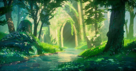 HD desktop wallpaper from The Legend of Zelda: Breath of the Wild, featuring a sunlit forest path leading to an ancient temple entrance.