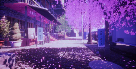 HD anime-style desktop wallpaper featuring a serene street lined with vibrant cherry blossoms in full bloom, creating a dreamy sakura backdrop.