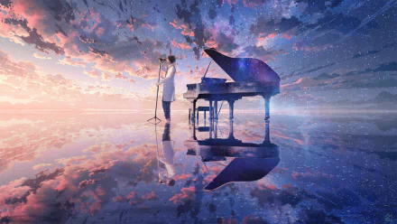 Anime-style HD wallpaper depicting a person with a microphone and grand piano reflected on a calm surface beneath a vibrant sky blending clouds and a starry night.