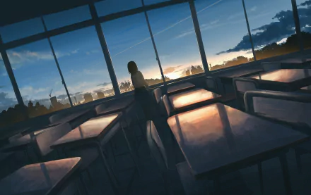 HD anime desktop wallpaper of a classroom bathed in warm sunset light, with a lone figure gazing out the window as the sky transitions from day to night.