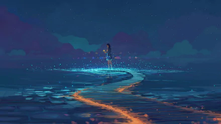 Anime girl with long black hair standing near water at night, surrounded by glowing particles. HD desktop wallpaper and background.