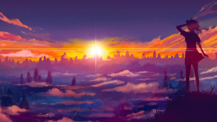 An HD anime wallpaper featuring a person with short hair standing on a mountain, gazing at a vibrant sunrise with clouds and a colorful sky in the background.