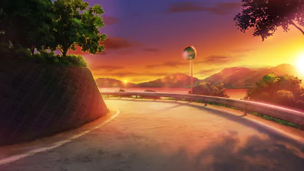 A serene anime-inspired street illuminated by a stunning sunset, with a road curving gently around a hillside, and vibrant skies blending into the horizon. HD desktop wallpaper and background.